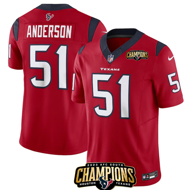 Personalized Men’s Houston Texans #51 Will Anderson Jr. Red 2023 F.U.S.E. AFC South Champions Patch Untouchable Limited Stitched Football Jersey