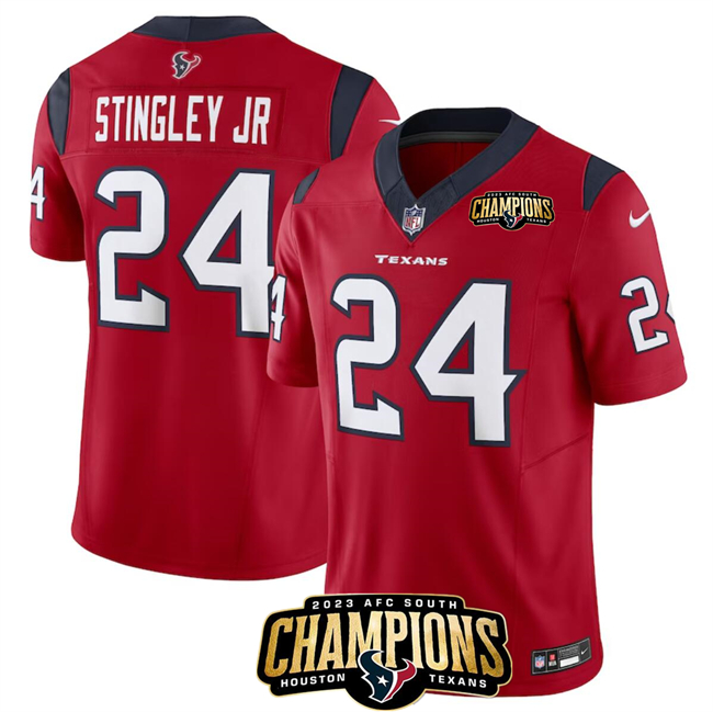 Personalized Men’s Houston Texans #24 Derek Stingley Jr. Red 2023 F.U.S.E. AFC South Champions Patch Untouchable Limited Stitched Football Jersey