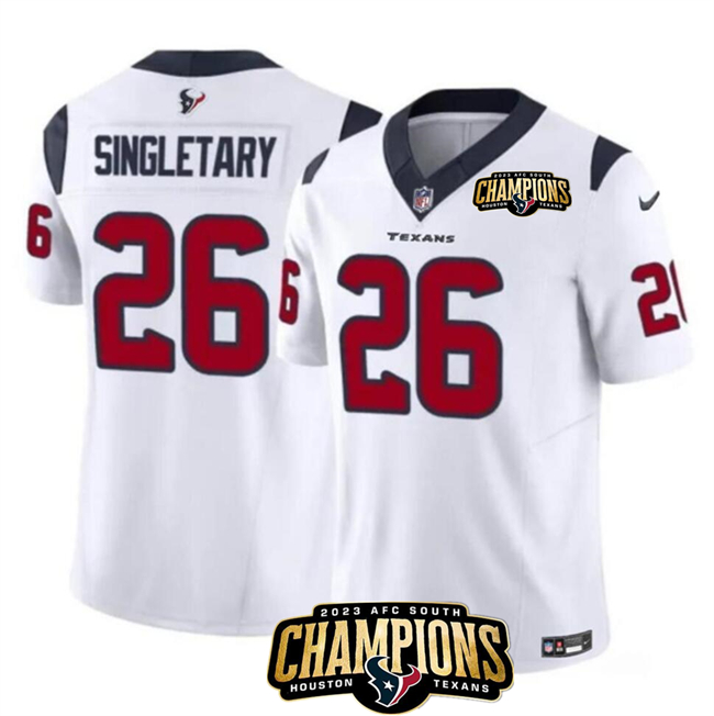 Personalized Men’s Houston Texans #26 Devin Singletary White 2023 F.U.S.E. AFC South Champions Patch Untouchable Limited Stitched Football Jersey