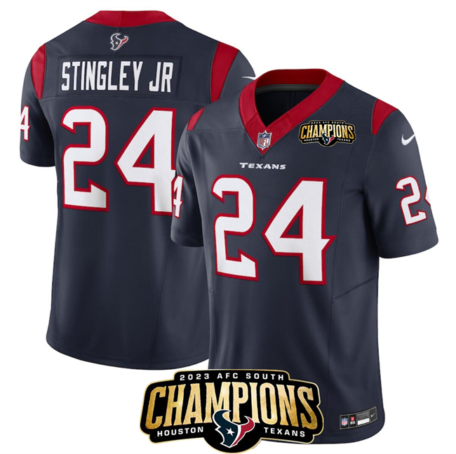 Personalized Men’s Houston Texans #24 Derek Stingley Jr. Navy 2023 F.U.S.E. AFC South Champions Patch Untouchable Limited Stitched Football Jersey
