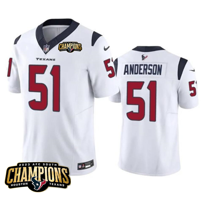 Personalized Men’s Houston Texans #51 Will Anderson Jr. White 2023 F.U.S.E. AFC South Champions Patch Untouchable Limited Stitched Football Jersey