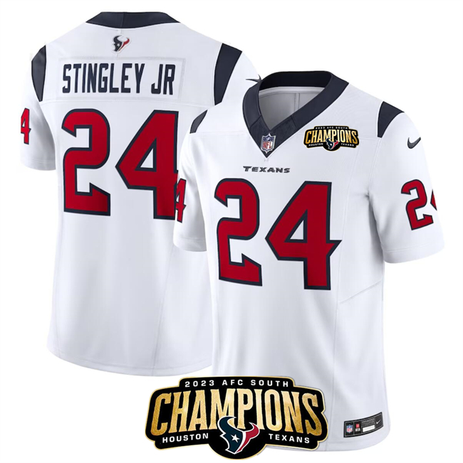 Personalized Men’s Houston Texans #24 Derek Stingley Jr. White 2023 F.U.S.E. AFC South Champions Patch Untouchable Limited Stitched Football Jersey
