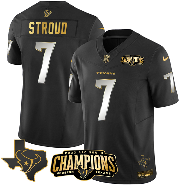 Personalized Men’s Houston Texans #7 C.J. Stroud Black Golden 2023 F.U.S.E. With AFC South Champions Patch And Team Logo Patch Limited Stitched Football Jersey