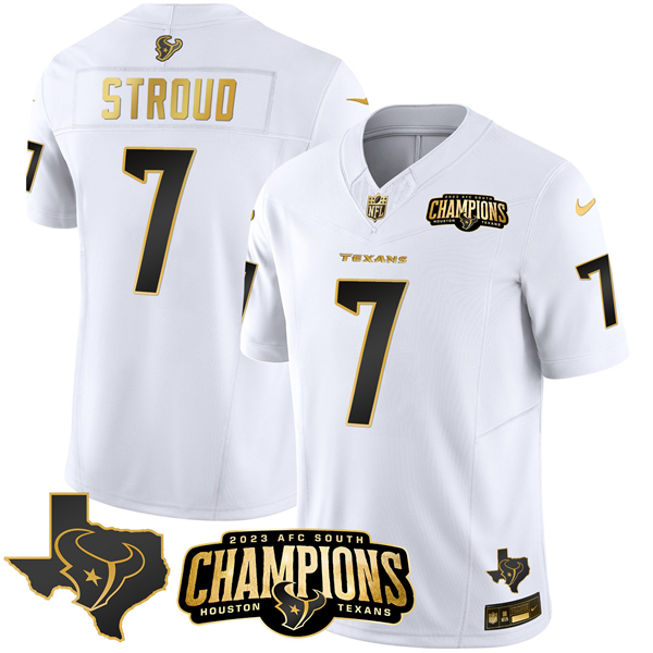 Personalized Men’s Houston Texans #7 C.J. Stroud White Golden 2023 F.U.S.E. With AFC South Champions Patch And Team Logo Patch Limited Stitched Football Jersey