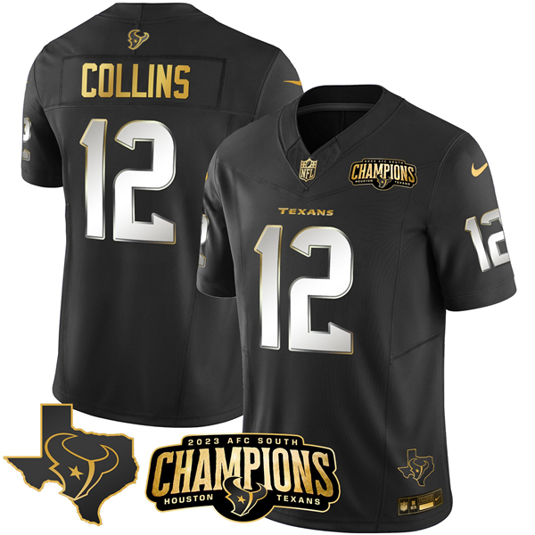 Personalized Men’s Houston Texans #12 Nico Collins Black Golden 2023 F.U.S.E. With AFC South Champions Patch And Team Logo Patch Limited Stitched Football Jersey
