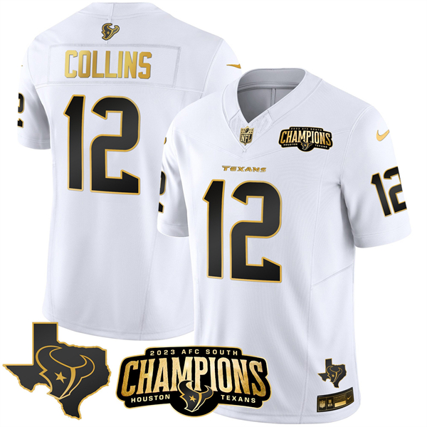 Personalized Men’s Houston Texans #12 Nico Collins White Golden 2023 F.U.S.E. With AFC South Champions Patch And Team Logo Patch Limited Stitched Football Jersey