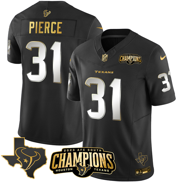 Personalized Men’s Houston Texans #31 Dameon Pierce Black Golden 2023 F.U.S.E. With AFC South Champions Patch And Team Logo Patch Limited Stitched Football Jersey