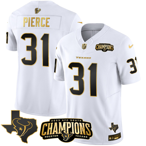 Personalized Men’s Houston Texans #31 Dameon Pierce White Golden 2023 F.U.S.E. With AFC South Champions Patch And Team Logo Patch Limited Stitched Football Jersey