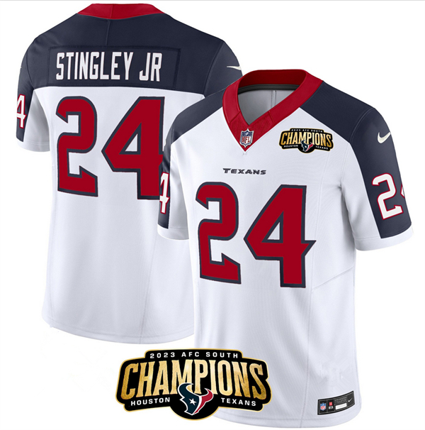 Personalized Men’s Houston Texans #24 Derek Stingley Jr. White Navy 2023 F.U.S.E. With AFC South Champions Patch And Team Logo Patch Limited Stitched Football Jersey
