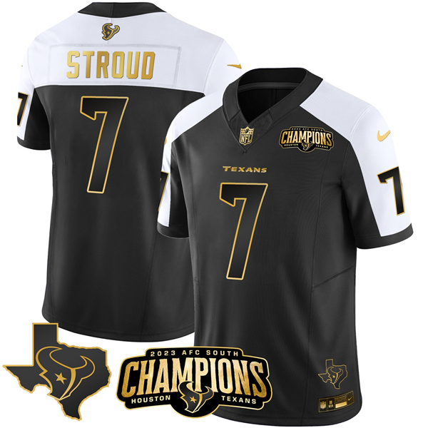 Personalized Men’s Houston Texans #7 C.J. Stroud Black White Golden 2023 F.U.S.E. With AFC South Champions Patch And Team Logo Patch Limited Stitched Football Jersey