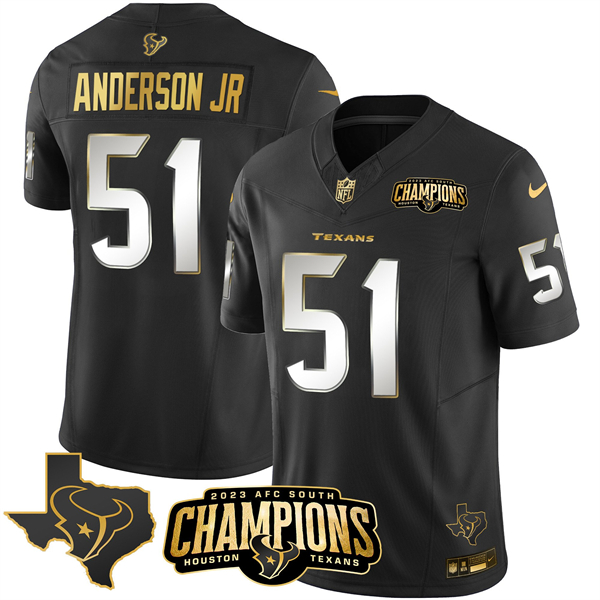 Personalized Men’s Houston Texans #51 Will Anderson Jr. Black Golden 2023 F.U.S.E. With AFC South Champions Patch And Team Logo Patch Limited Stitched Football Jersey