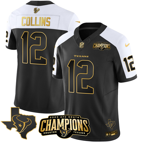 Personalized Men’s Houston Texans #12 Nico Collins Black White Golden 2023 F.U.S.E. With AFC South Champions Patch And Team Logo Patch Limited Stitched Football Jersey