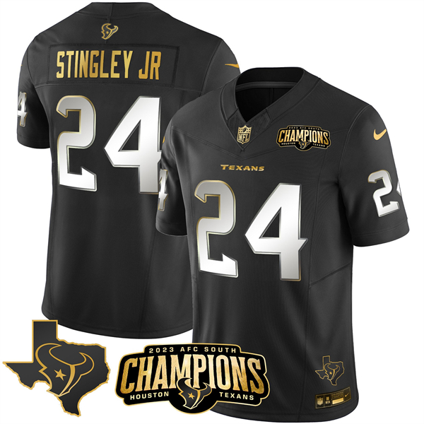 Personalized Men’s Houston Texans #24 Derek Stingley Jr. Black Golden 2023 F.U.S.E. With AFC South Champions Patch And Team Logo Patch Limited Stitched Football Jersey