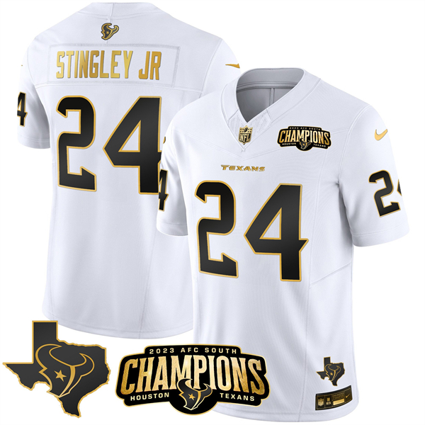 Personalized Men’s Houston Texans #24 Derek Stingley Jr. White Golden 2023 F.U.S.E. With AFC South Champions Patch And Team Logo Patch Limited Stitched Football Jersey