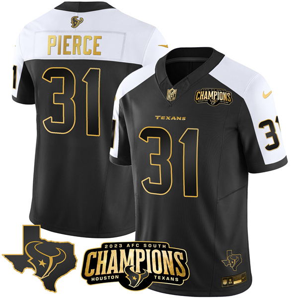 Personalized Men’s Houston Texans #31 Dameon Pierce Black White Golden 2023 F.U.S.E. With AFC South Champions Patch And Team Logo Patch Limited Stitched Football Jersey
