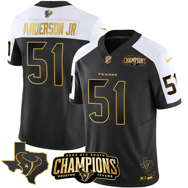 Personalized Men’s Houston Texans #51 Will Anderson Jr. Black White Golden 2023 F.U.S.E. With AFC South Champions Patch And Team Logo Patch Limited Stitched Football Jersey