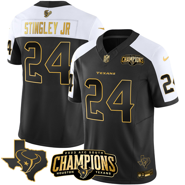 Personalized Men’s Houston Texans #24 Derek Stingley Jr. Black White Golden 2023 F.U.S.E. With AFC South Champions Patch And Team Logo Patch Limited Stitched Football Jersey