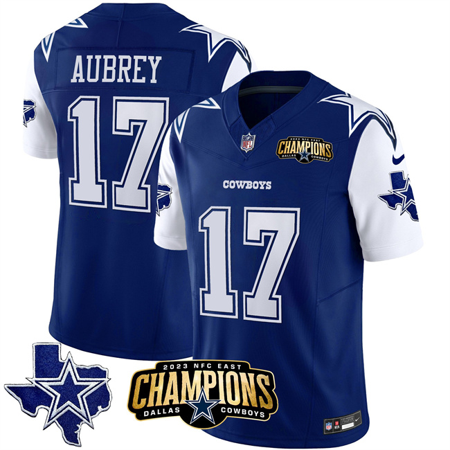 Personalized Men’s Dallas Cowboys #17 Brandon Aubrey Blue White 2023 F.U.S.E. NFC East Champions Patch Stitched Football Jersey