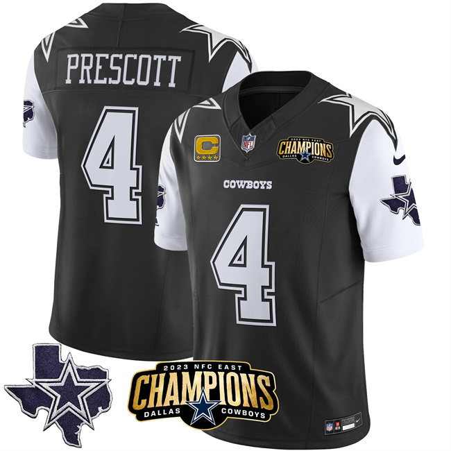 Personalized Men’s Dallas Cowboys #4 Dak Prescott Black White 2023 F.U.S.E. NFC East Champions With 4-Star C Ptach Stitched Football Jersey