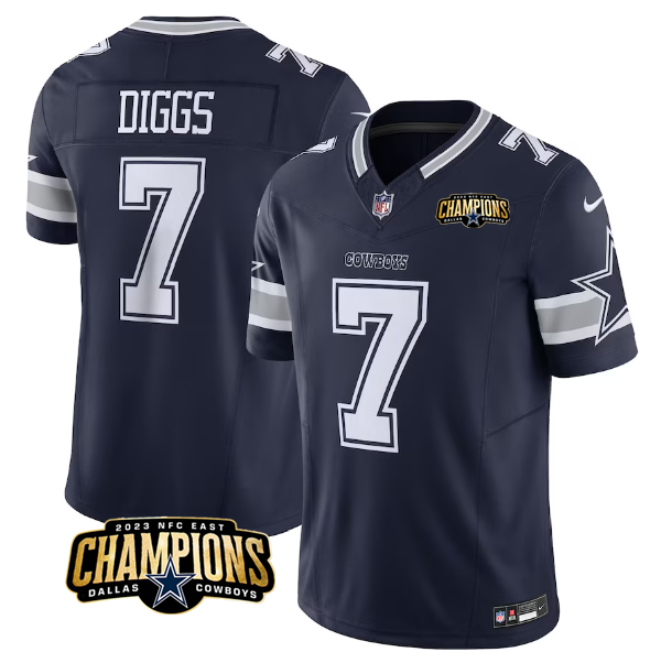 Personalized Men’s Dallas Cowboys #7 Trevon Diggs Navy 2023 F.U.S.E. NFC East Champions Patch Stitched Football Jersey