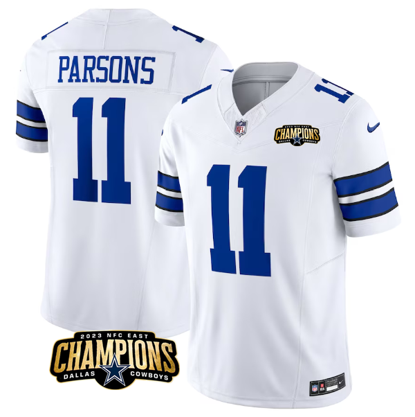 Personalized Men’s Dallas Cowboys #11 Micah Parsons White 2023 F.U.S.E. NFC East Champions Patch Stitched Football Jersey