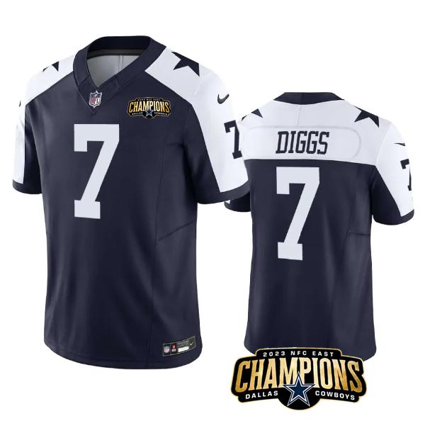 Personalized Men’s Dallas Cowboys #7 Trevon Diggs Navy White 2023 F.U.S.E. NFC East Champions Patch Stitched Football Jersey