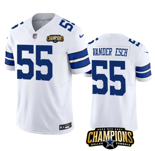 Personalized Men’s Dallas Cowboys #55 Leighton Vander Esch White 2023 F.U.S.E. NFC East Champions Patch Stitched Football Jersey