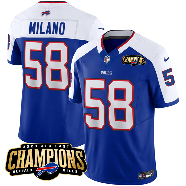 Personalized Men’s Buffalo Bills #58 Matt Milano Blue White 2023 F.U.S.E. AFC East Champions Ptach Stitched Football Jersey