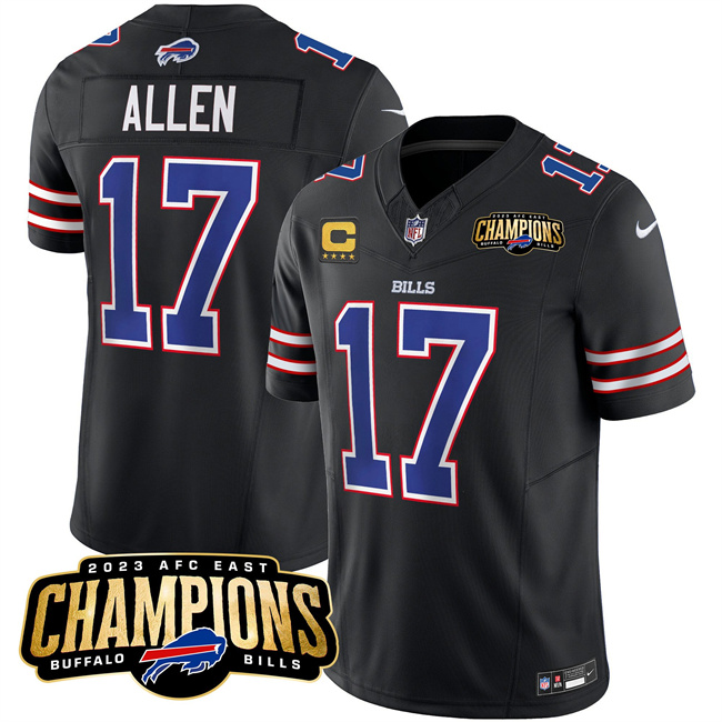Personalized Men’s Buffalo Bills #17 Josh Allen Black 2023 F.U.S.E. AFC East Champions With 4-Star C Ptach Stitched Football Jersey