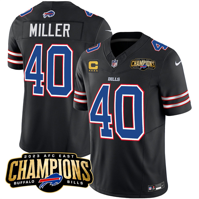 Personalized Men’s Buffalo Bills #40 Von Miller Black 2023 F.U.S.E. AFC East Champions With 4-Star C Ptach Stitched Football Jersey