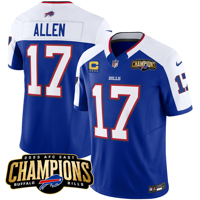 Personalized Men’s Buffalo Bills #17 Josh Allen Blue White 2023 F.U.S.E. AFC East Champions With 4-Star C Ptach Stitched Football Jersey