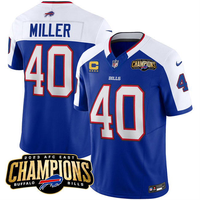 Personalized Men’s Buffalo Bills #40 Von Miller Blue White 2023 F.U.S.E. AFC East Champions With 4-Star C Ptach Stitched Football Jersey