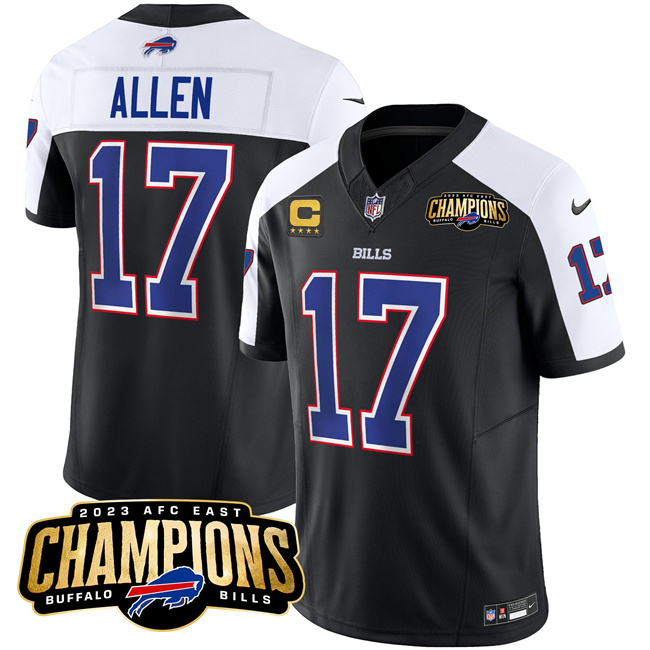 Personalized Men’s Buffalo Bills #17 Josh Allen Black White 2023 F.U.S.E. AFC East Champions With 4-Star C Ptach Stitched Football Jersey