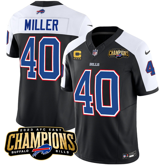 Personalized Men’s Buffalo Bills #40 Von Miller Black White 2023 F.U.S.E. AFC East Champions With 4-Star C Ptach Stitched Football Jersey