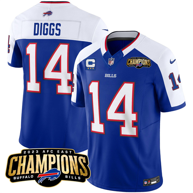 Personalized Men’s Buffalo Bills #14 Stefon Diggs Blue White 2023 F.U.S.E. AFC East Champions With 3-Star C Ptach Stitched Football Jersey