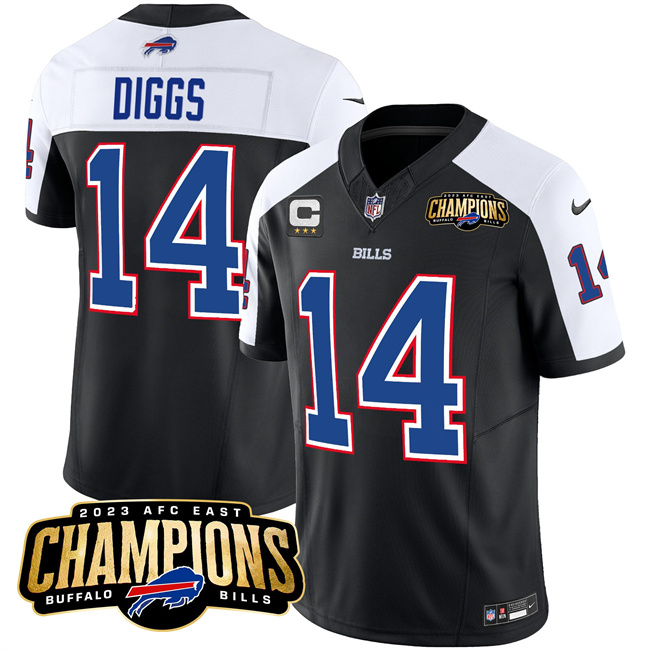 Personalized Men’s Buffalo Bills #14 Stefon Diggs Black White 2023 F.U.S.E. AFC East Champions With 3-Star C Ptach Stitched Football Jersey