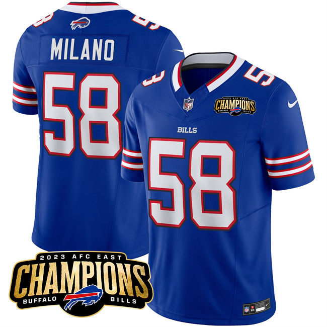 Personalized Men’s Buffalo Bills #58 Matt Milano Blue 2023 F.U.S.E. AFC East Champions Ptach Stitched Football Jersey