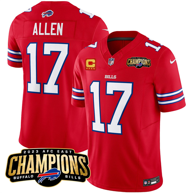 Personalized Men’s Buffalo Bills #17 Josh Allen Red 2023 F.U.S.E. AFC East Champions With 4-Star C Ptach Stitched Football Jersey