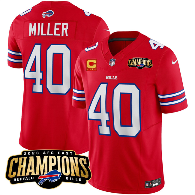 Personalized Men’s Buffalo Bills #40 Von Miller Red 2023 F.U.S.E. AFC East Champions With 4-Star C Ptach Stitched Football Jersey