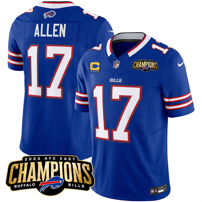 Personalized Men’s Buffalo Bills #17 Josh Allen Blue 2023 F.U.S.E. AFC East Champions With 4-Star C Ptach Stitched Football Jersey