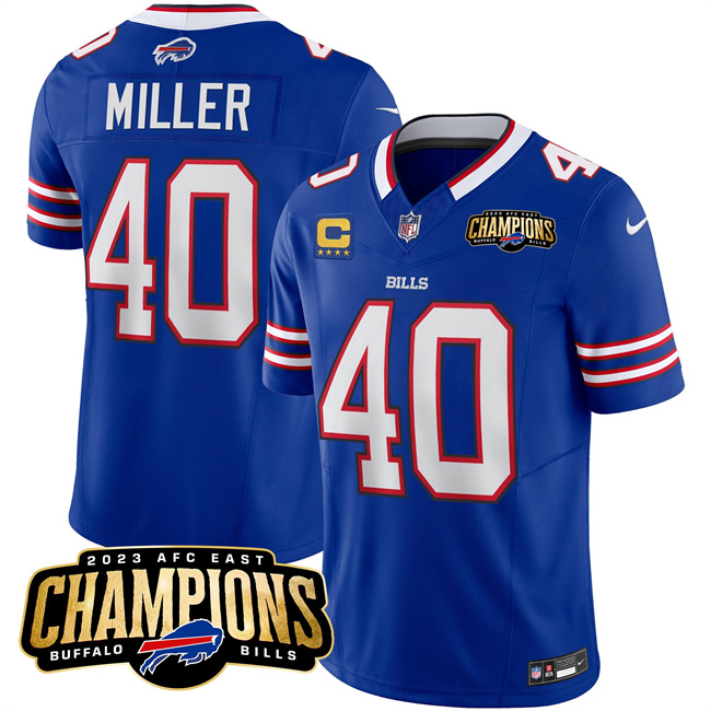 Personalized Men’s Buffalo Bills #40 Von Miller Blue 2023 F.U.S.E. AFC East Champions With 4-Star C Ptach Stitched Football Jersey