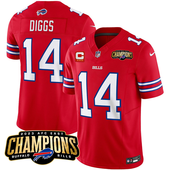 Personalized Men’s Buffalo Bills #14 Stefon Diggs Red 2023 F.U.S.E. AFC East Champions With 3-Star C Ptach Stitched Football Jersey