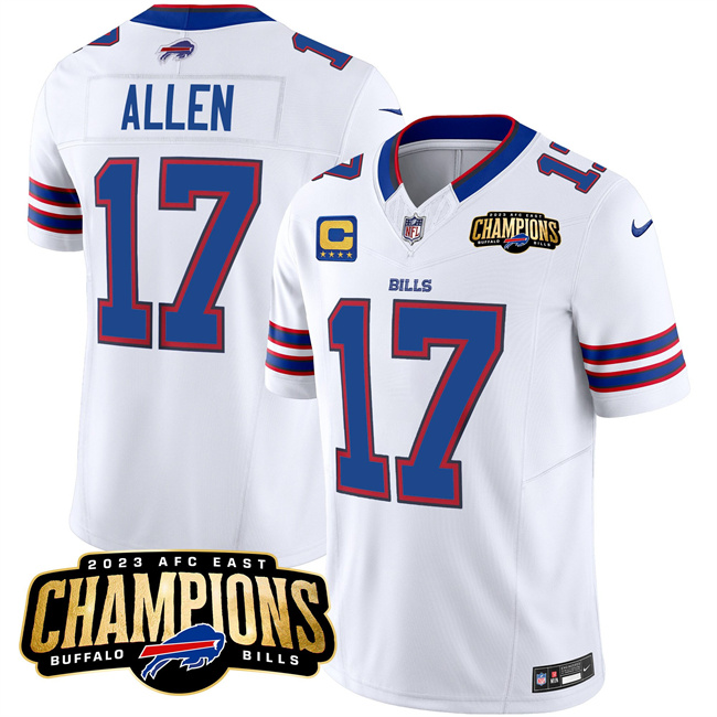 Personalized Men’s Buffalo Bills #17 Josh Allen White 2023 F.U.S.E. AFC East Champions With 4-Star C Ptach Stitched Football Jersey