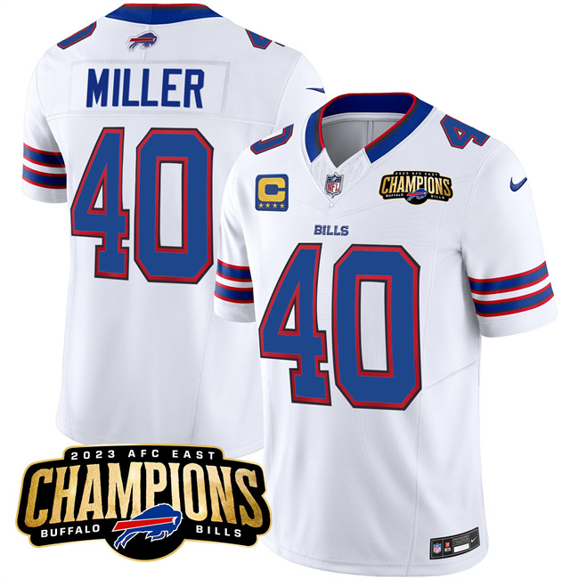 Personalized Men’s Buffalo Bills #40 Von Miller White 2023 F.U.S.E. AFC East Champions With 4-Star C Ptach Stitched Football Jersey