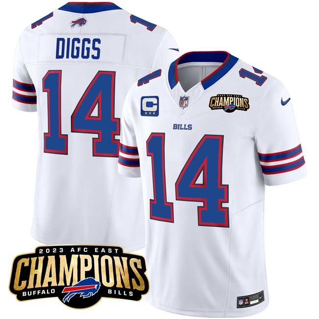 Personalized Men’s Buffalo Bills #14 Stefon Diggs White 2023 F.U.S.E. AFC East Champions With 3-Star C Ptach Stitched Football Jersey