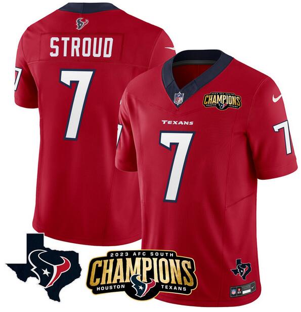 Personalized Men’s Houston Texans #7 C.J. Stroud Red 2023 F.U.S.E. AFC South Champions Patch And Team Logo Patch Untouchable Limited Stitched Football Jersey