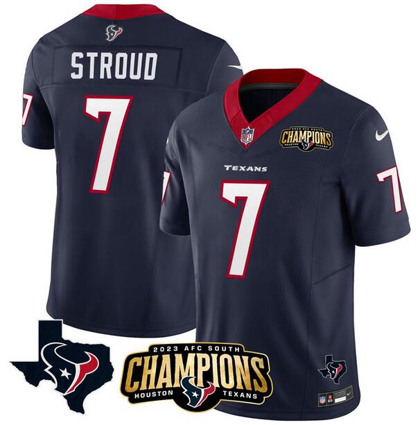 Personalized Men’s Houston Texans #7 C.J. Stroud Navy 2023 F.U.S.E. AFC South Champions Patch And Team Logo Patch Untouchable Limited Stitched Football Jersey