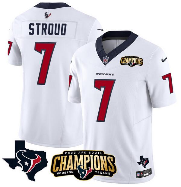 Personalized Men’s Houston Texans #7 C.J. Stroud White 2023 F.U.S.E. AFC South Champions Patch And Team Logo Patch Untouchable Limited Stitched Football Jersey