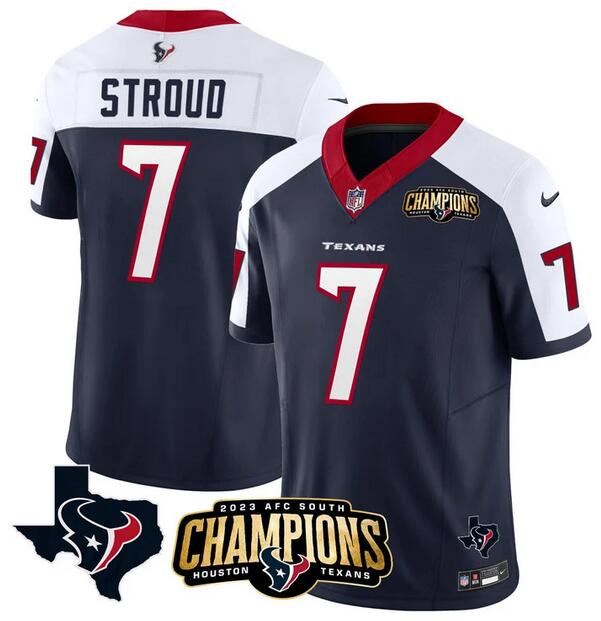 Personalized Men’s Houston Texans #7 C.J. Stroud Navy White 2023 F.U.S.E. AFC South Champions Patch And Team Logo Patch Untouchable Limited Stitched Football Jersey