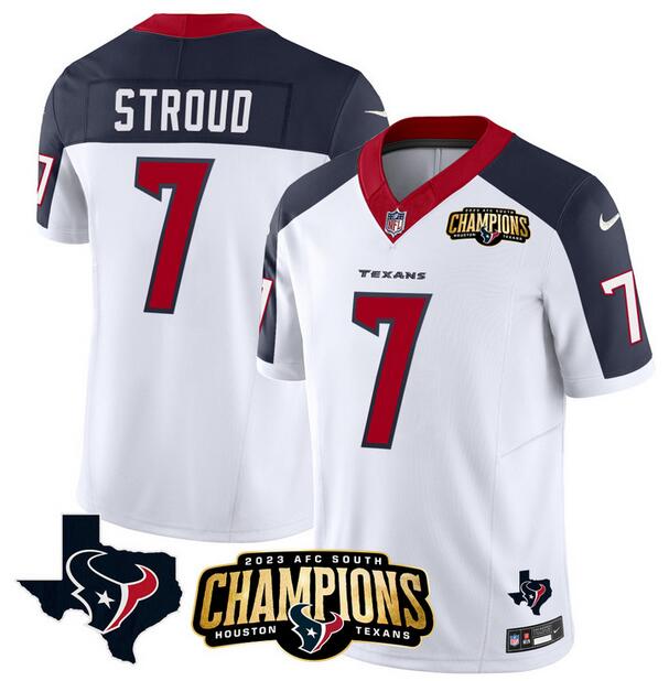 Personalized Men’s Houston Texans #7 C.J. Stroud White Navy 2023 F.U.S.E. AFC South Champions Patch And Team Logo Patch Untouchable Limited Stitched Football Jersey